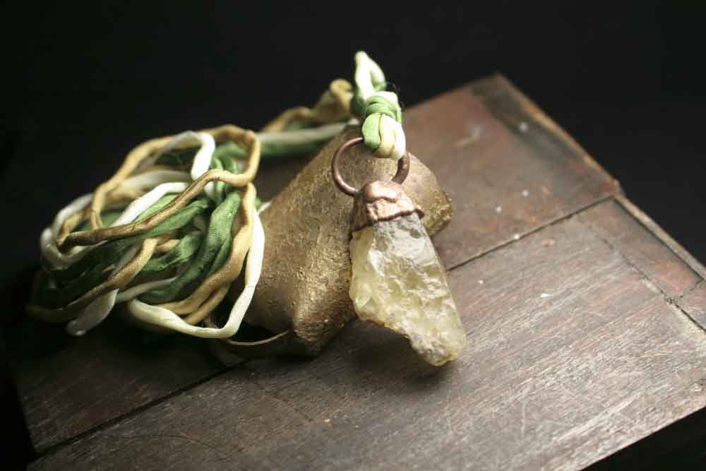 roseanddella's tweet image. Green Yellow Calcite Mineral Stone in Copper on Triple Silk Cord tuppu.net/58a5e419  #CopperElectroformed