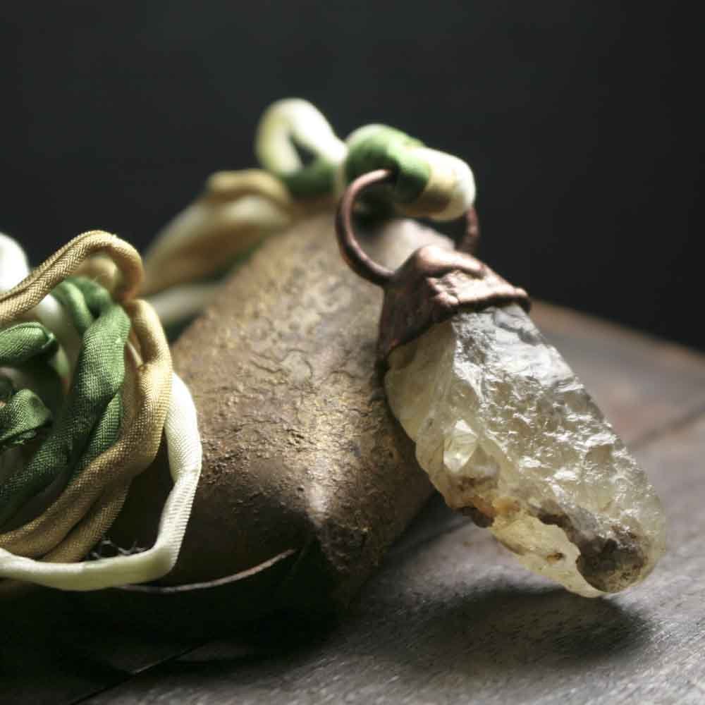 roseanddella's tweet image. Green Yellow Calcite Mineral Stone in Copper on Triple Silk Cord tuppu.net/58a5e419  #CopperElectroformed