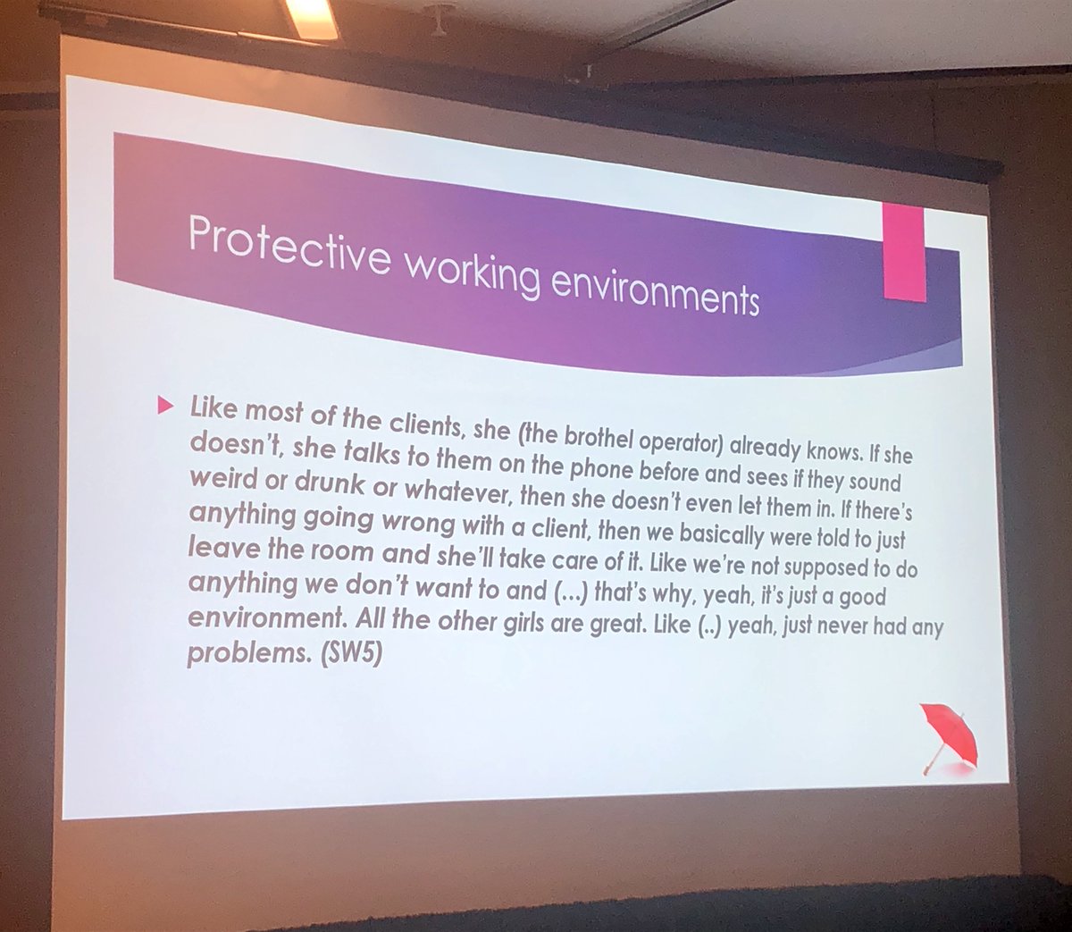 bronwynmcbride's tweet image. ‘We’re not supposed to do anything we don’t want to’: 

Similarly to our @CGSHEquity research, @abel_gillian speaks to how supportive working conditions and third parties (managers) enhance safety for indoor sex workers. #CRN6_DC2019 #sexwork