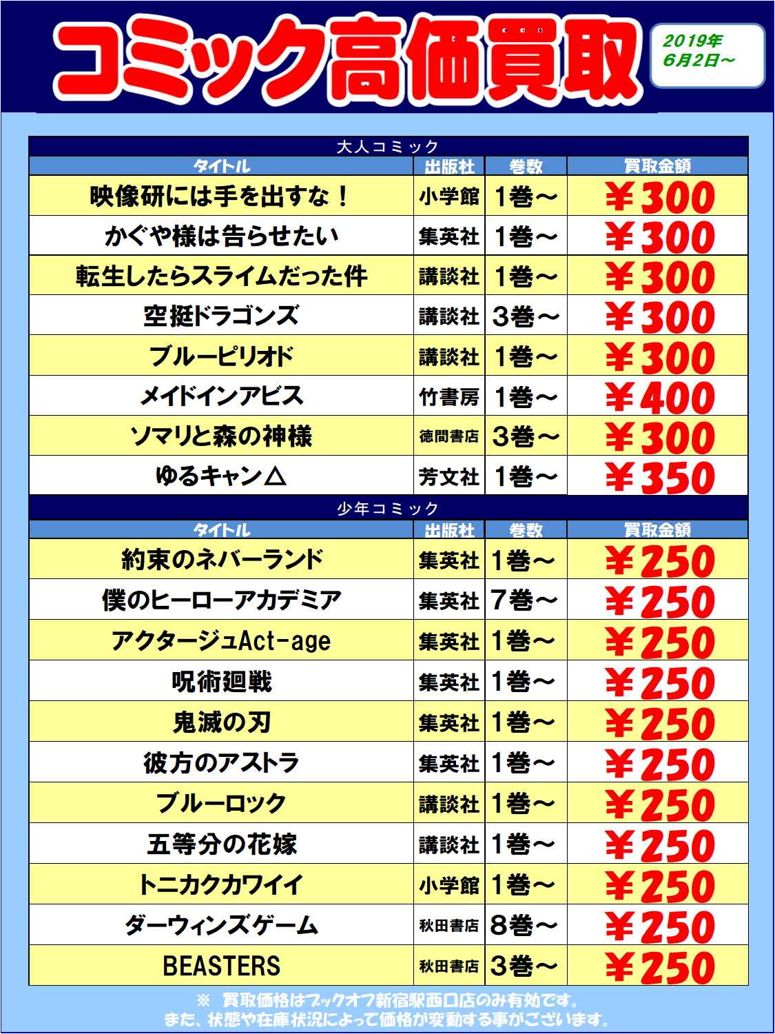 ブックオフ新宿駅西口店 على تويتر コミックの高価買取リスト更新しました この他にもメディア化作品高価買取します ぜひ当店までお持ちくださいませ ブックオフ新宿駅西口店 على تويتر コミックの高価買取リスト更新しました この他にもメディア化作品高価買取します ぜひ当店までお持ちくださいませ