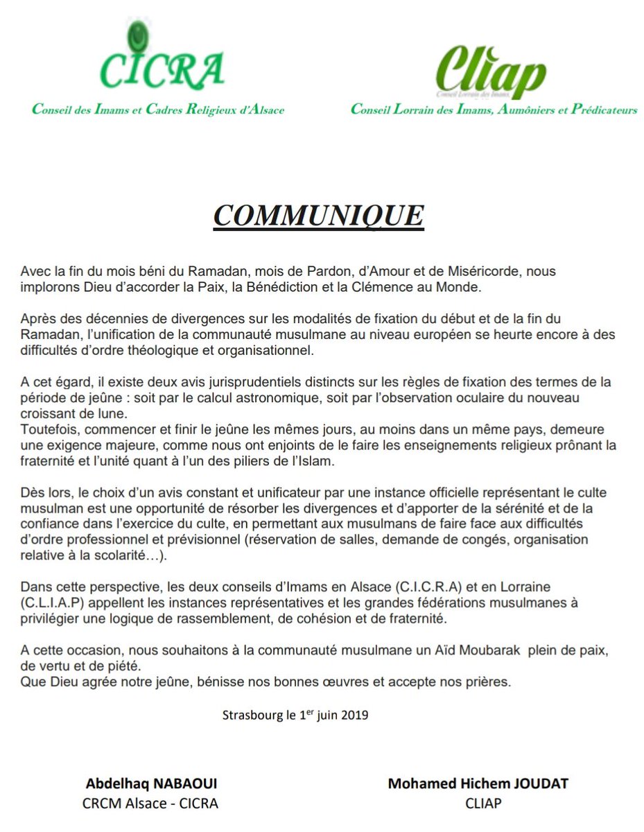 GMosquee_Metz's tweet photo. #Ramadan2019 Communiqué du Conseil des Imams et Cadres Religieux d'#Alsace #CICRA et du Conseil #Lorrain des Imams, Aumôniers et Prédicateurs #CLIAP en ce fin de mois de #Ramadan. #Metz #Islam https://t.co/p2ZQGz444B