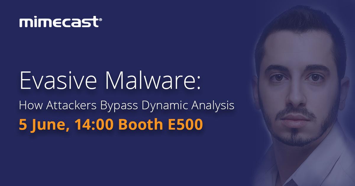 Mimecast's tweet image. Join Meni Farjon, Chief Scientist of Advance Malware Detection, to understand how attackers bypass dynamic analysis.  
bit.ly/2JLrDfp  
Wed 14:00, Booth E500  #Infosec19