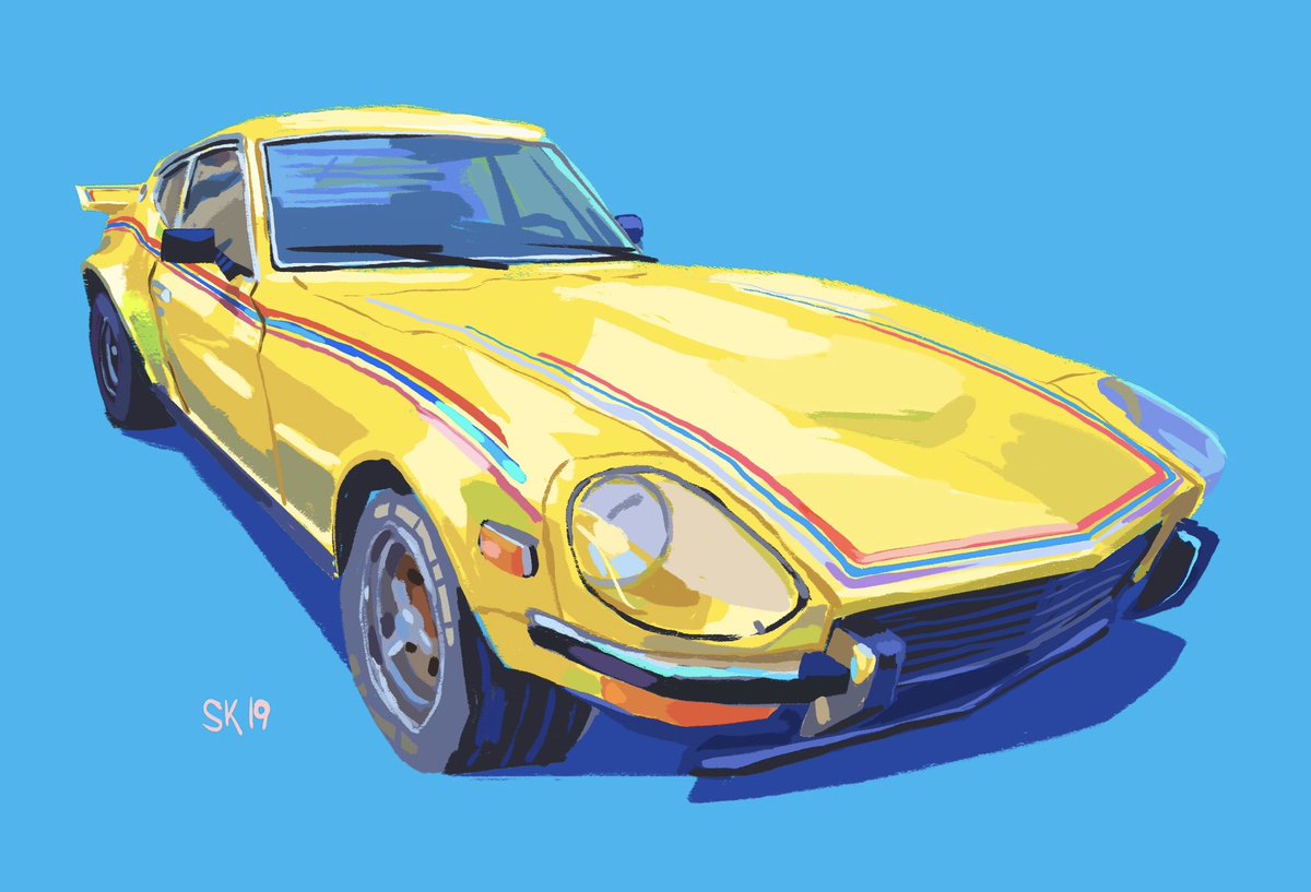 stefkardos's tweet photo. 1971 Datsun 240Z, based on a photo I took in Los Feliz 4 years ago. 
I always wanted to do a gouache painting of it, but unfortunately, I haven't seen this car around ever since. Until I spot it again somewhere in L.A, here's a digital painting of this cool yellow machine. https://t.co/e3tEbw8VdB