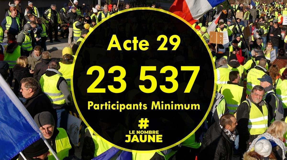 LeNombreJaune's tweet photo. Notre chiffrage définitif MINIMUM pour l'#Acte29 des #GiletsJaunes : 23 537 Manufestants sur 206 actions recensées. Détail par action à suivre.
#ActeXXIX #YellowVests #LeNombreJaune https://t.co/FrlepnAXID
