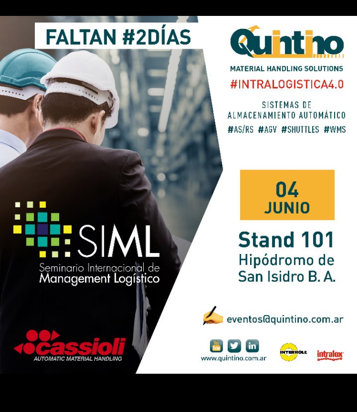 QuintinoMHS's tweet image. 🤳Pasado mañana nos juntamos todos los #logisticos para ver que hay de nuevo en el #SIML 2019
Venis?
Registrate:  managementlogistico.com
Te esperamos en el stand 101
#intralogistica #logistica #ASRS # #supplychain #BuenDomingo #IOT #IIoT #AGV #Isat #Shuttle #Quintino #Cassioli