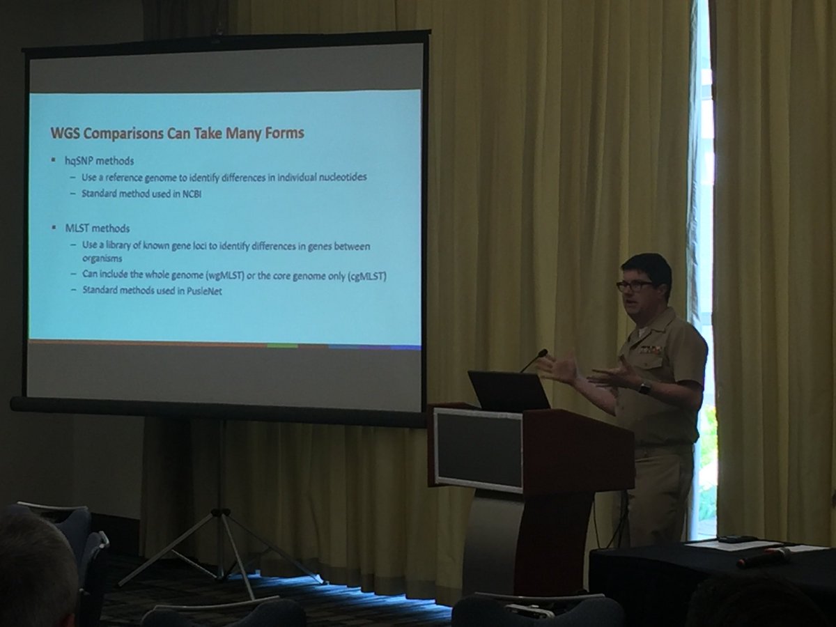 FoodSafetyCoE's tweet photo. ⁦@CDC_AMD⁩ discussing different #wgs #analysis ⁦@CSTEconference⁩ #CSTE2019 #SNP #hqSNP #cgMLST #coverage https://t.co/E3pOinQp9F