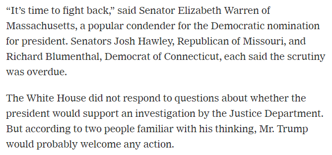When Elizabeth Warren and Donald Trump agree on something, you know big tech companies have relatively few friends in Washington. nytimes.com/2019/06/02/bus…