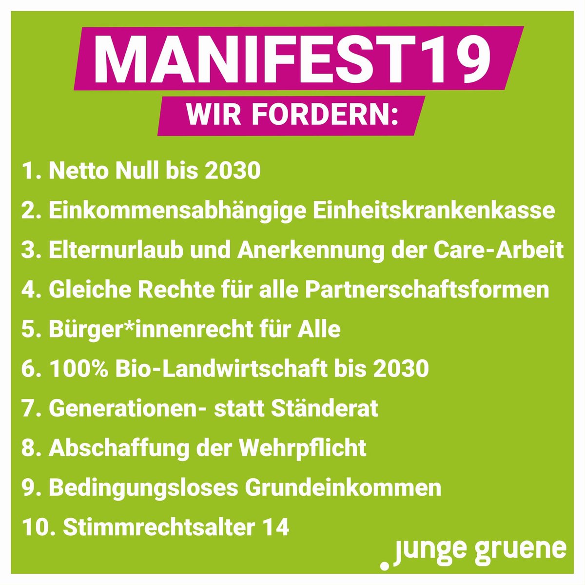 Unsere Mitglieder verabschiedeten gestern zehn Forderungen für die #Klimawahl2019. Forderungen für eine andere Politik in Bern: Klimaschutz, Solidarität, Gleichberechtigung, Zukunft! #KlimavorProfit #Manifest19
👉🏻 jungegruene.ch/manifest19