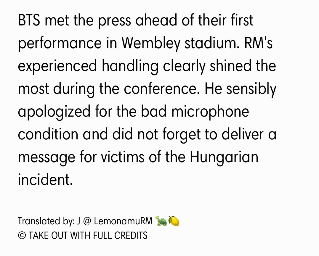 LemonamuRM's tweet photo. #BTS #RM, Shined in UK Wembley Press Conference, "The Elegance of a Leader"

YTN praised #Namjoon for making everyone comfortable especially with the mic problems during the presscon. He also did not forget to deliver a message for the victims of the Hungary incident.

@BTS_twt🐨 https://t.co/kZNvbM6SKt