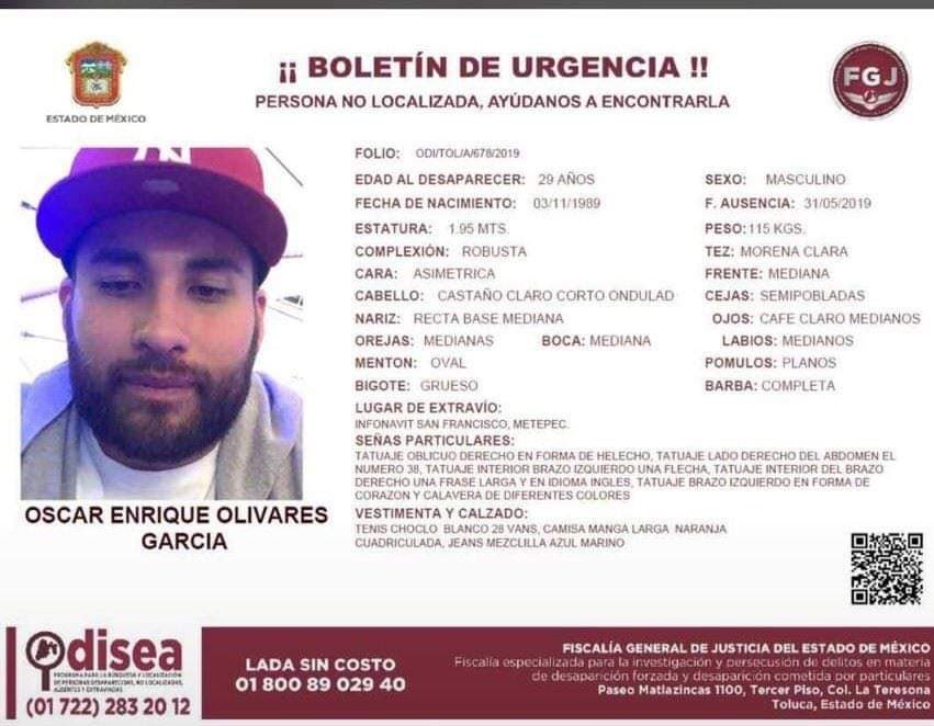 FiscaliaEdomex's tweet photo. Ayúdanos a localizar a la siguiente persona, cualquier información de valor comunícate al 01800 890 2940 y 01800 7028 770.
Óscar Enrique Olivares García de 29 años de edad reportado en #Metepec, Estado de México.
#OdiseaEdoméx. https://t.co/v45XVCahAi