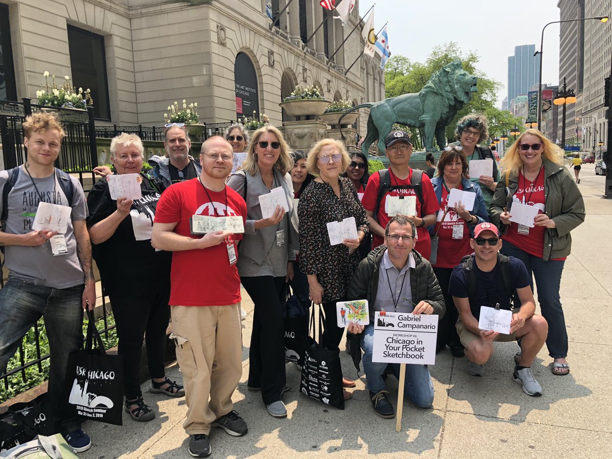 Looking forward to day 2 at #uskchicago2019 ! Here’s the family photo from my “Chicago in Your Pocket Sketchbook” workshop yesterday. Terrific group of #urbansketchers ! More updates via Instagram—> instagram.com/gabicampanario…