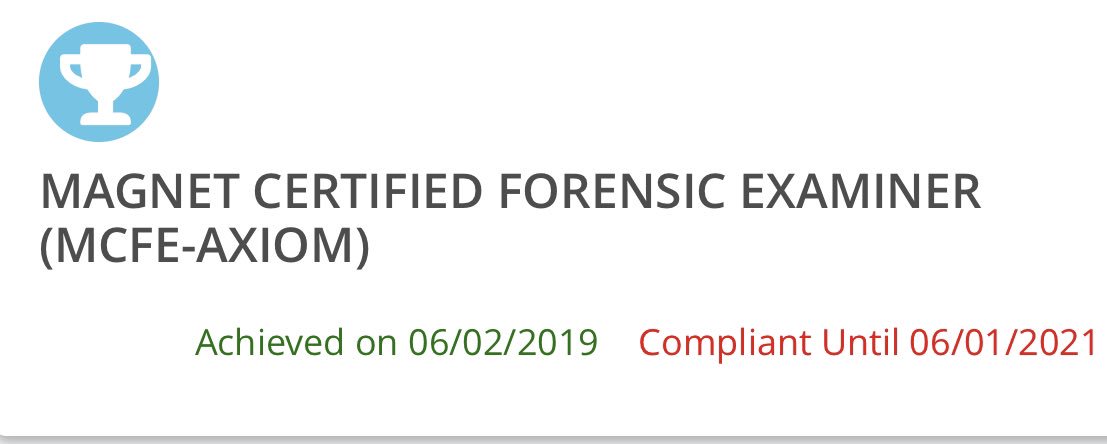 joshbrunty's tweet photo. Added another certification to the resume this morn: @MagnetForensics Certified Examiner (#MCFE). Now to put the books down for a few days and network with some old friends and coworkers at the @technosecurity conference. https://t.co/PsBsiLnhux