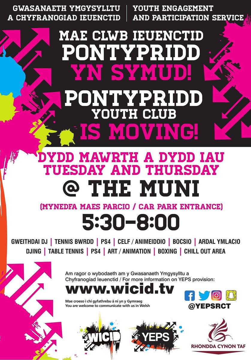 YepsRCT's tweet photo. ⚠️ Pontypridd Youth Club is MOVING! ⚠️

From Tuesday next week (4th June), we'll no longer be at Saris Road, but instead at the Muni Arts Centre! 🎭 

Due to the high demand for more youth provisions in Ponty town centre, you can now join us on a Tuesday AND Thursday. https://t.co/2m1s2TeQaL