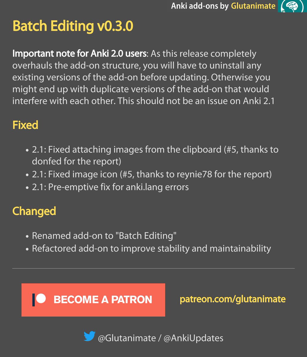 Batch Editing v0.3.0 is now available on AnkiWeb!: ankiweb.net/shared/info/29…

Let me know what you think via <a href="/glutanimate/">Glutanimate</a>
Support my work: patreon.com/glutanimate

#AnkiAddons #AnkiSRS #Anki #SpacedRepetition
