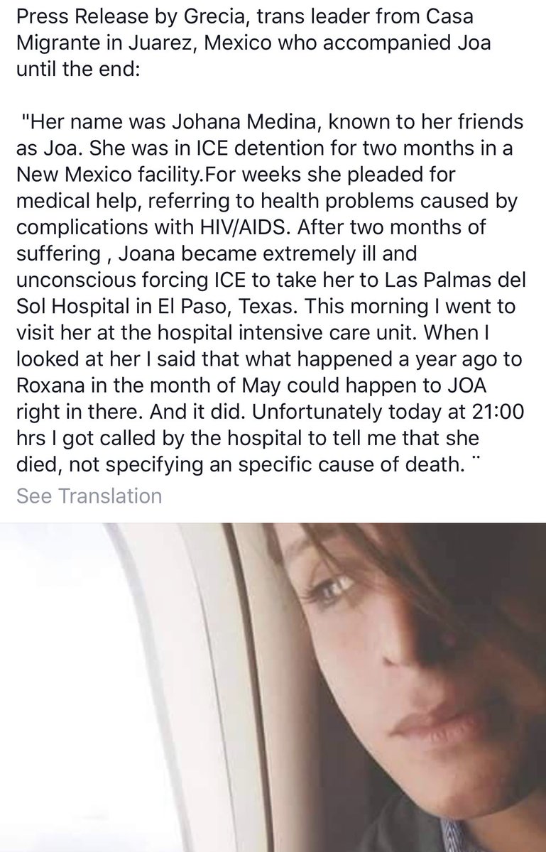 TheTinaVasquez's tweet image. BREAKING: Advocates are reporting that Johana Medina, a trans asylum seeker, died in ICE custody yesterday. Johana’s death happened on the first day of Pride, and a little over a year after the in-custody death of Roxsana Hernandez, a trans asylum seeker from Honduras.