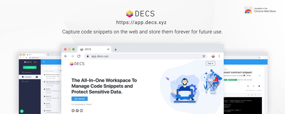 decs_dapp's tweet photo. 👨‍💻 To all Developers, Data Scientists &amp; Makers 👩‍💻
You will write thousands of code snippets during your career. Why risk losing them?
It's time to say Goodbye to LOST CODE SNIPPETS forever!
#dapps
Try now: https://t.co/GcpVlTwUZY https://t.co/2vx4Mf0jFc