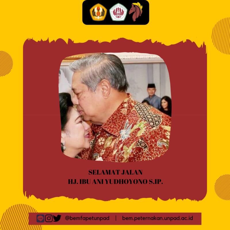 [INDONESIA BERDUKA]

Inalillahi Wa Innailahi Roji'un.

Telah berpulang ke Rahmatullah Ibu Ani Yudhoyono pada Hari Sabtu, 1 Juni 2019 di Singapura.

Semoga amal ibadah beliau diterima oleh Allah SWT dan keluarga yang ditinggalkan diberi ketabahan.