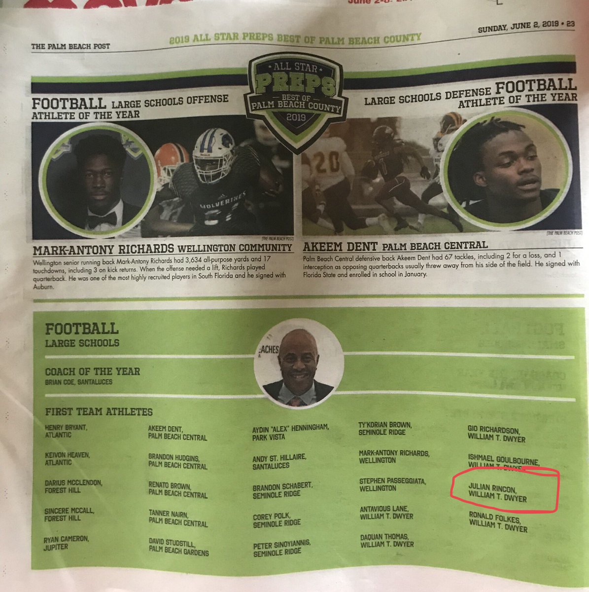 DREColombianRaw's tweet photo. I just want to congratulate my warrior @blessedjdr. 1st Team Best of the county for 2019. @FAU_Football @CoachMathies @Lane_Kiffin Y’all better watch out my boy coming. Stop sleeping 💤 https://t.co/X0dvWTyKTJ