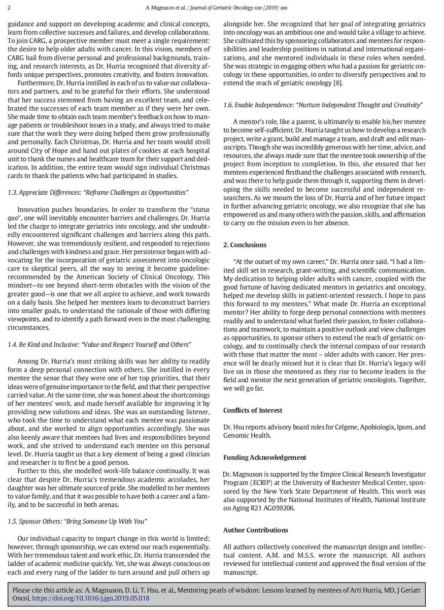 Humbled of being part of the Young @myCARG group, and very proud of sharing what we learned from the greatest #mentor, Dr. Arti Hurria, in the special @JGeriOnc issue dedicated to her #gerionc #ASCO19 She was, and still is, a constant inspiration. doi.org/10.1016/j.jgo.…