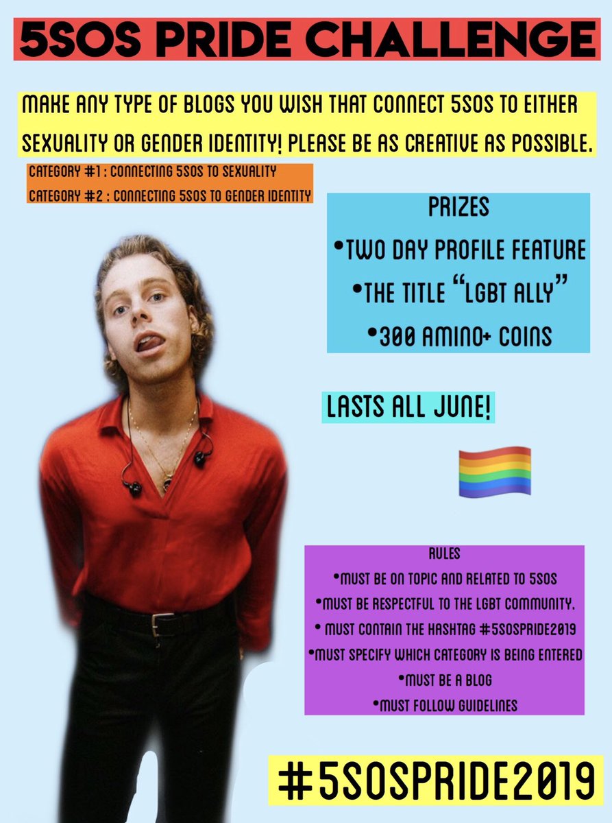 5SOSFAMAmino's tweet photo. Happy pride month! 🏳️‍🌈 The 5sosFam Amino is hosting a pride challenge all month long. Come help us celebrate and spread awareness by entering this June. https://t.co/TFDY7mLoAP #5sos #5sospride2019 https://t.co/5w9capO0jQ