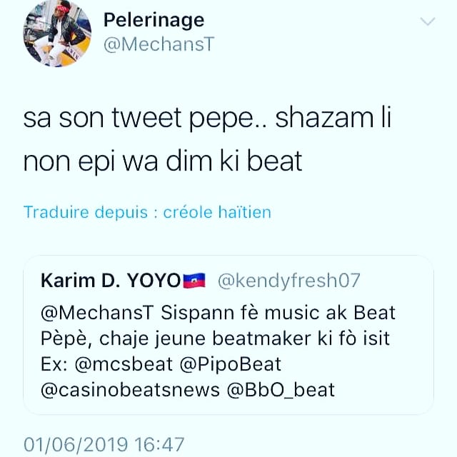 belhitmusic's tweet photo. Interactions entre @MechansT et @kendyfresh07
KARIM veut faire savoir que MECHANS-T a repris le Beat d'une musique de MEEK MILL intitulée LITTY, pour faire sa chanson qu'il vient à peine de sortir SIDA
#pimpnewstv #baldouze #viberapkreyòl #promomusicallday #jhanedouze #bonflo https://t.co/qV52w9mqyW