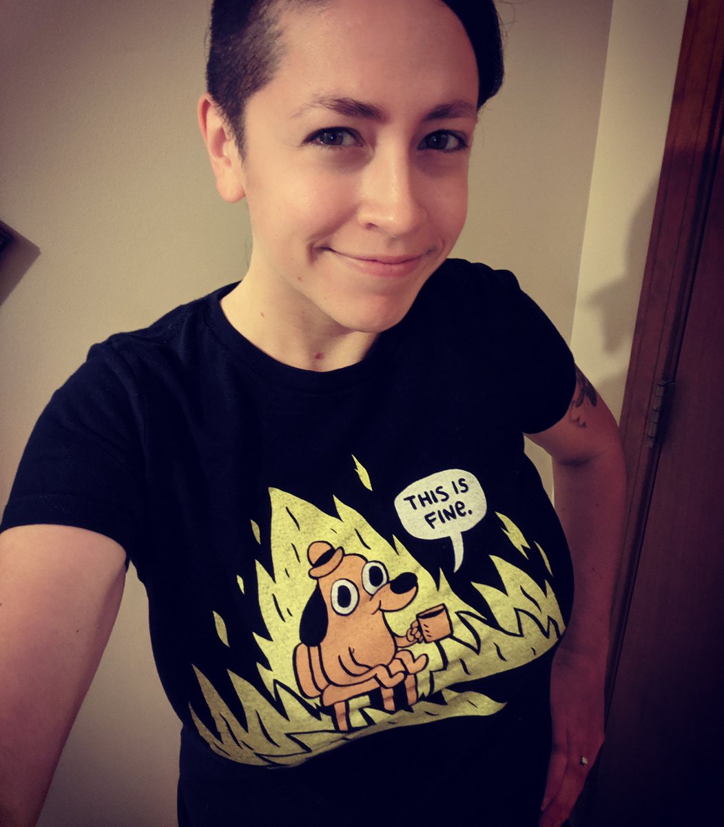 MotoRuxin's tweet photo. T-shirt 54: This is fine. (Let's see how long it takes me to go through every t-shirt I own, wearing a different one every day!) #selfie #twitchstreamer #tshirtobsession #tshirtcollection #tshirts #twitchcreates #twitchcreative #thisisfine #dogonfire https://t.co/2Iem9McClO