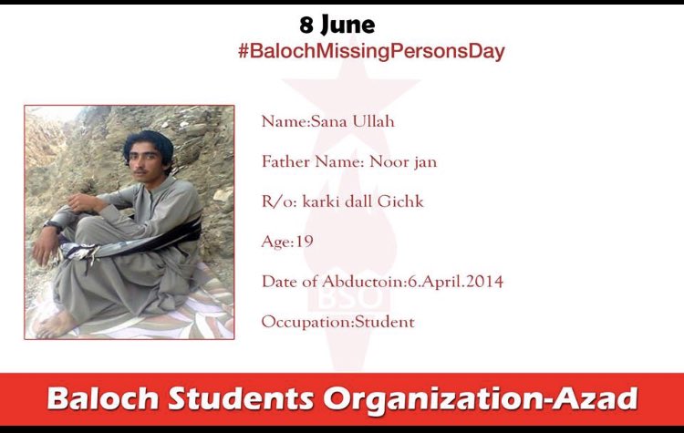 BSO__AZAD's tweet photo. Name : Sana Ullah
father Name : Noor Jan
R/O :Karki dall Gichk
Age : 19
Date of Abduction : 6.4.2014
Occupation :Student
#BalochMissingPersonsDay #SaveBalochMissingPersons https://t.co/otsW0eo0ss