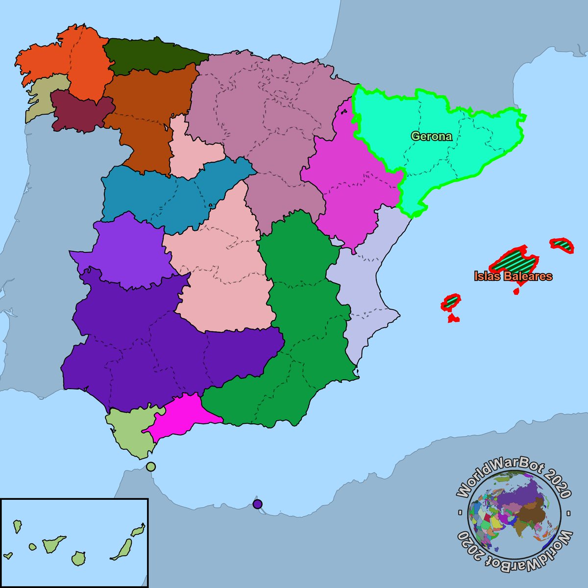 Segunda semana de junio, año 2021, Gerona ha conquistado la provincia de Islas Baleares.
Islas Baleares ha sido derrotada.
16 provincias restantes.
#Gerona #IslasBaleares