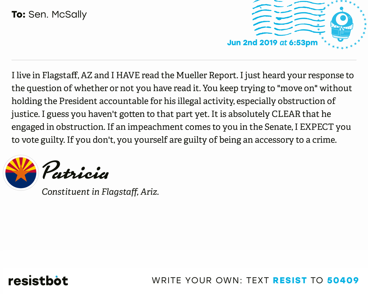 openletterbot's tweet photo. I just delivered this letter from Patricia in Flagstaff, Ariz. to @SenMcSallyAZ #AZpols #AZpolitics #Impeach https://t.co/P8K3xIaLNm