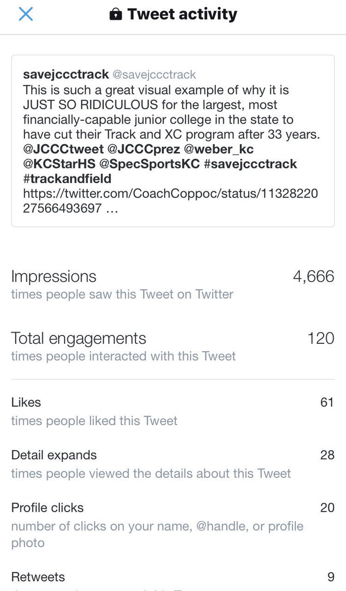 savejccctrack's tweet photo. @JCCCtweet @JCCCprez @JCCCAthletics @weber_kc We read in the @campusledger you are working at expanding social media reach for your (chosen few) athletic programs...Need help? Tweets about your inexplicable decision to end track seem to be doing pretty well still... https://t.co/DKiaEk2KWy