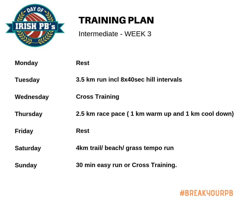 dayofirishpbs's tweet photo. Day of Irish PB's Intermediate and Advanced plans for week 3 are here πββοΈπββοΈπββοΈ
Remember to book your entry to Day of Irish PB's 2019, link in bio!
#breakyourPB #dayofirishpbs #track #5km https://t.co/PRql80CxBx