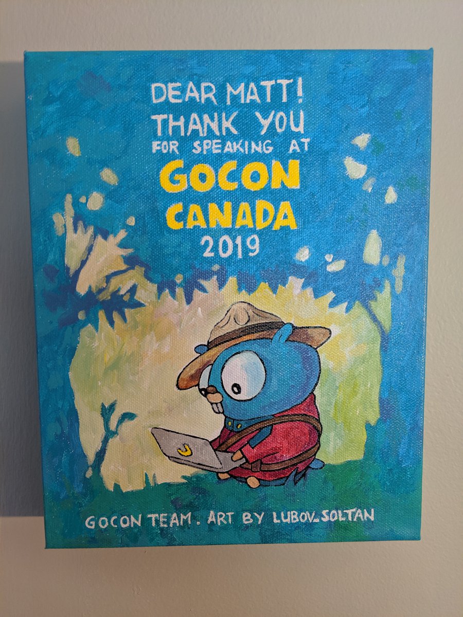 mdlayher's tweet photo. I hung up my speaker gift from @goconcanada in my office today! Thank you so much, @Lubov_Soltan! This is an amazing gift. #goconcanada #golang https://t.co/mXuk7e5bJg