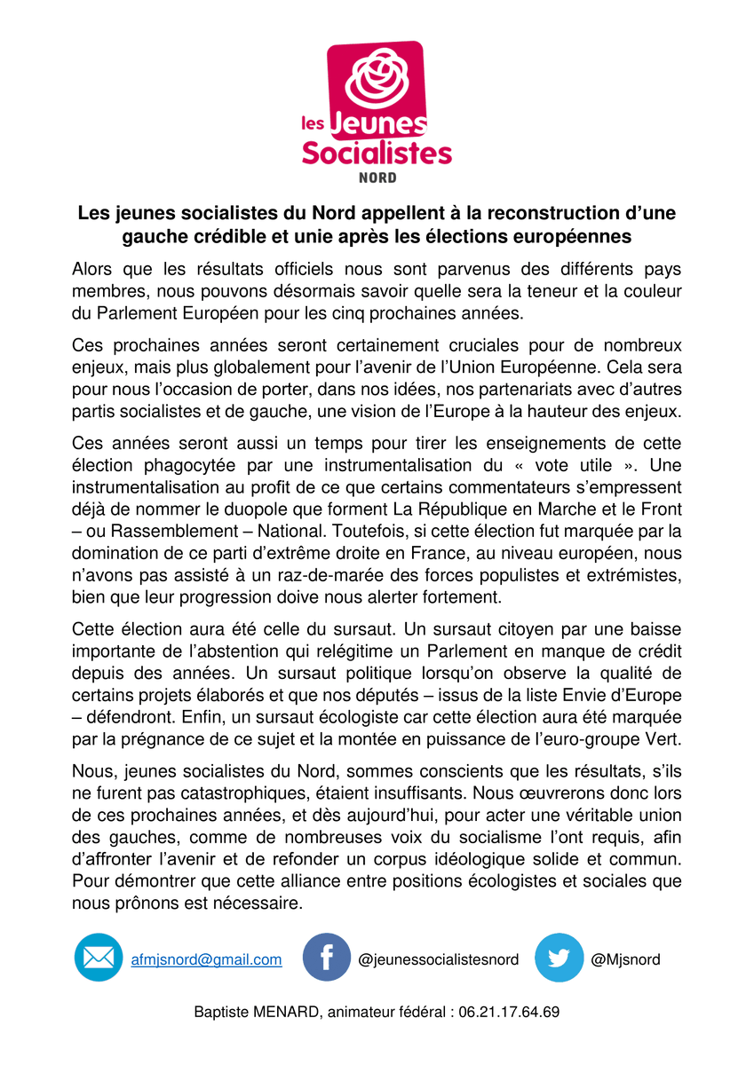 JeunesSocNord's tweet photo. Retrouvez la réaction des Jeunes Socialistes du Nord face aux #ElectionsEuropeennes : https://t.co/JDfq1c13SZ