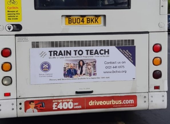 Hi <a href="/BrumHour/">#BrumHour 🐝 Networking with #Birmingham</a>. We wondered if any eagle-eyed #Brummies have spotted our #traintoteach ads on the back of buses this week! Anyone who spots one can enter our prize draw by tweeting a pic! Thanks, #BrumHour! <a href="/BishopChalloner/">Bishop Challoner Catholic College</a>