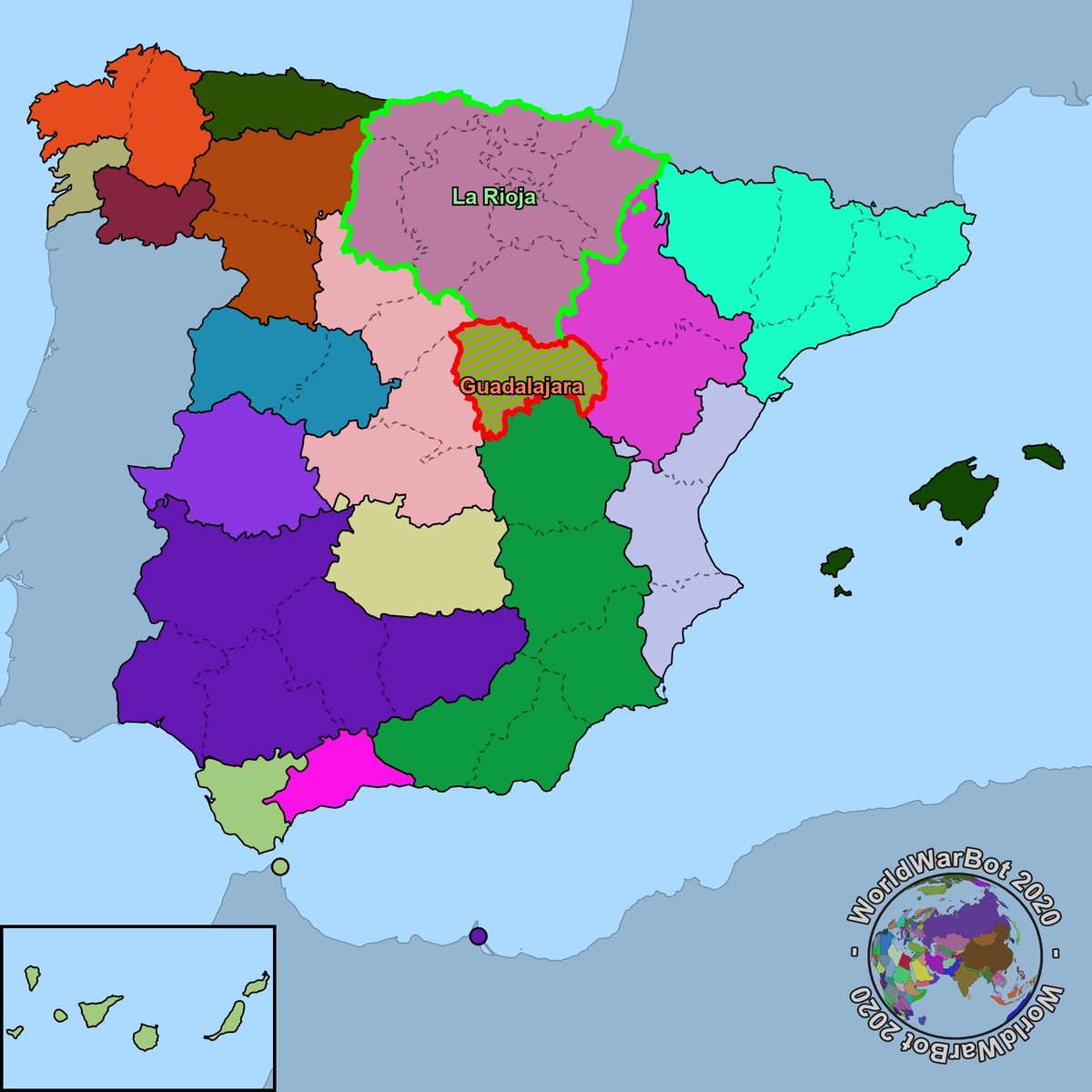 guerracivilbot's tweet photo. Tercera semana de mayo, año 2021, La Rioja ha conquistado la provincia de Guadalajara anteriormente ocupada por Cuenca.
Cuenca ha sido derrotada.
18 provincias restantes.
#LaRioja #Cuenca https://t.co/5D8gq69G8h