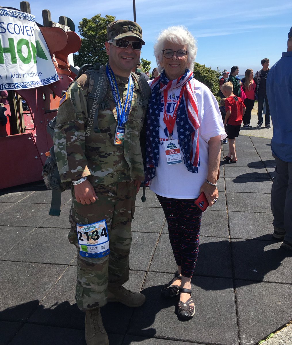 ChapTattooed's tweet photo. Had a great day completing the #NODM 1/2 #marathon with a 30 lbs ruck in 2 h 37 mins in support of our #GoldStarFamiliesโhonoring our Fallen troops. We raised $700 for the https://t.co/9Q4BeFcNLF Here I am with Betsie, CPT Joseph Schultzโs mother, founder of CJHF. #RunForJoe https://t.co/WsZxQiif08