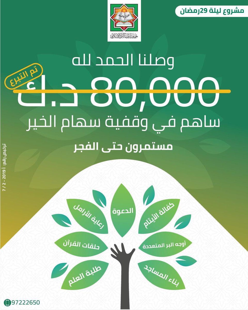 Q8_A's tweet photo. @torathjahraa

*الوقف .. نهر من الحسنات في الحياة وبعد الممات* 
مشروع ليلة 29 رمضان
*وقفية سهام الخير*
*لكل أوجه البر*
التبرع عبر الرابط:
https://t.co/xnguO6GF9U

☎ 97222650
#سباق_الخير
@torathjahraa https://t.co/rjH5O2Zl42