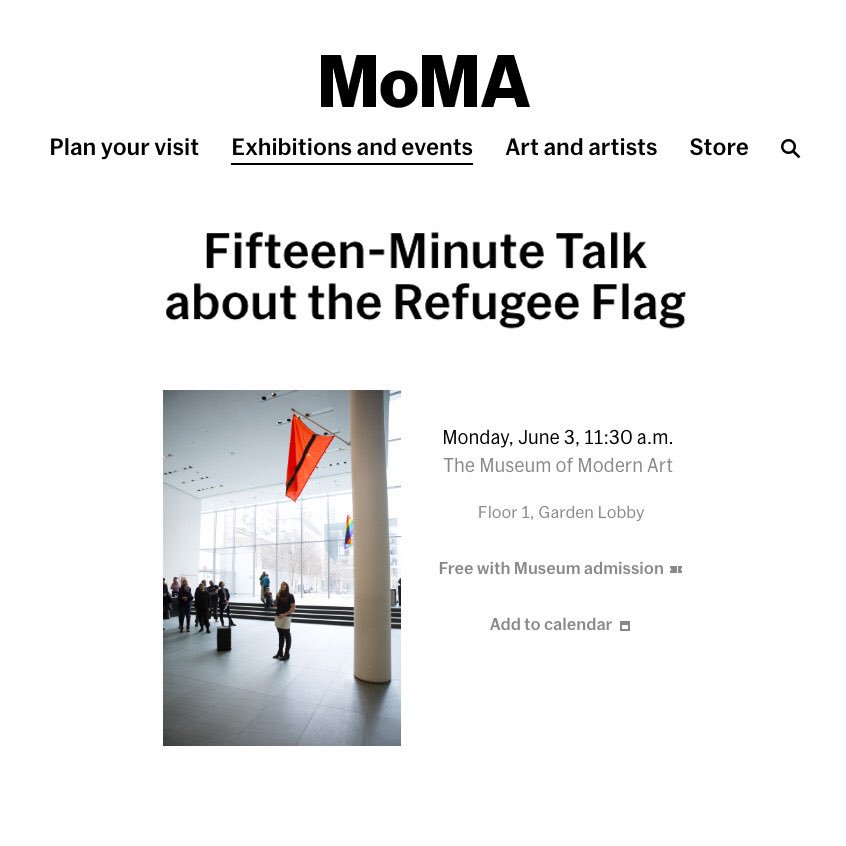 Now, you can schedule a 15 minutes guided tour, @themuseumofmodernart , about The Refugee Flag and works by artists who explore issues of migration, immigration, and dislocation in their work. moma.org/calendar/event… #refugeeswelcome #ThisIsOurFlag #moma #nooneisillegal