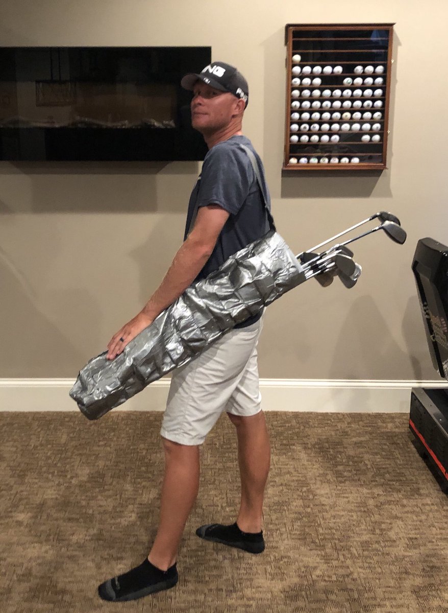 GenoBonnalie's tweet photo. If you’ve ever wondered “what is the cheapest & lightest golf bag I could buy/build?” The answer is $4.99 for a roll of duct tape. #usopensectionals https://t.co/n2QEnSIw8Q