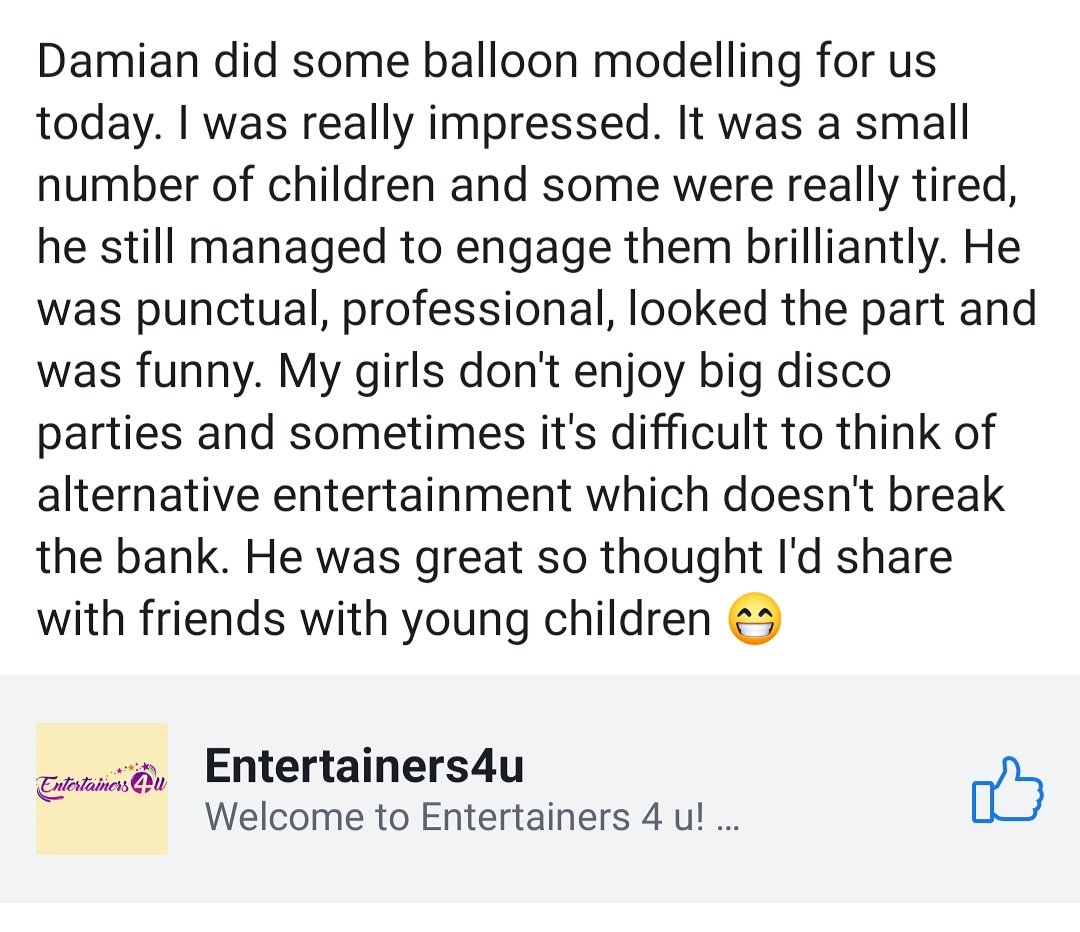 Entertainers4uu's tweet photo. A nice review from a happy customer :-) #childrensentertainers #entertainment #balloon #balloonmodeller #party #damianelliott #damianpatton https://t.co/2TqsU2i5rd