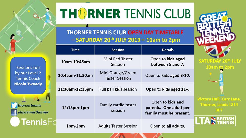 thornertennis's tweet photo. Following the success of our Open Day in May we are holding another Open Day at Thorner Tennis Club on SATURDAY 20th JULY 2019. All welcome. Tennis coach led activities for all ages and experience. Whether your new to the sport or fancy getting back into the swing, come along!! https://t.co/Go0Wq1Ri7q