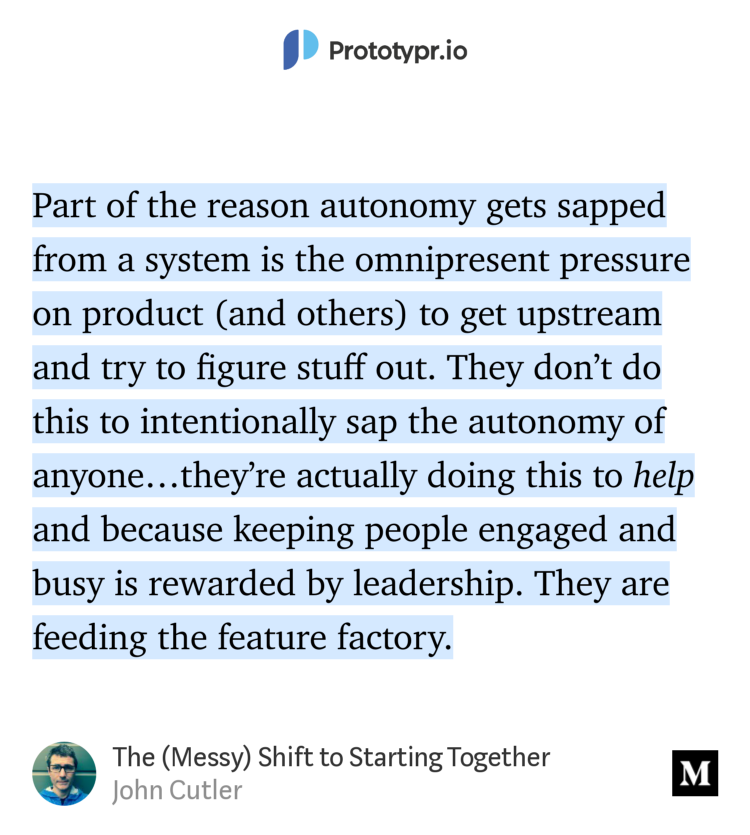 Autonomy isn't just 'working on your own,' autonomy is being handed a problem (not a solution) and being trusted to solve it. Teams should be autonomous, and individuals should be collaborative. blog.prototypr.io/the-messy-shif…