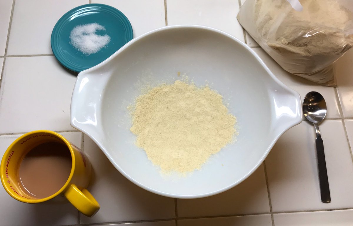 Next, we either:A) Die of boredom, orB) Prepare the bowl for the next step. Don’t wash the big bowl! Put some flour in the bottom. We will be kneading the salt into the flour using the bowl.