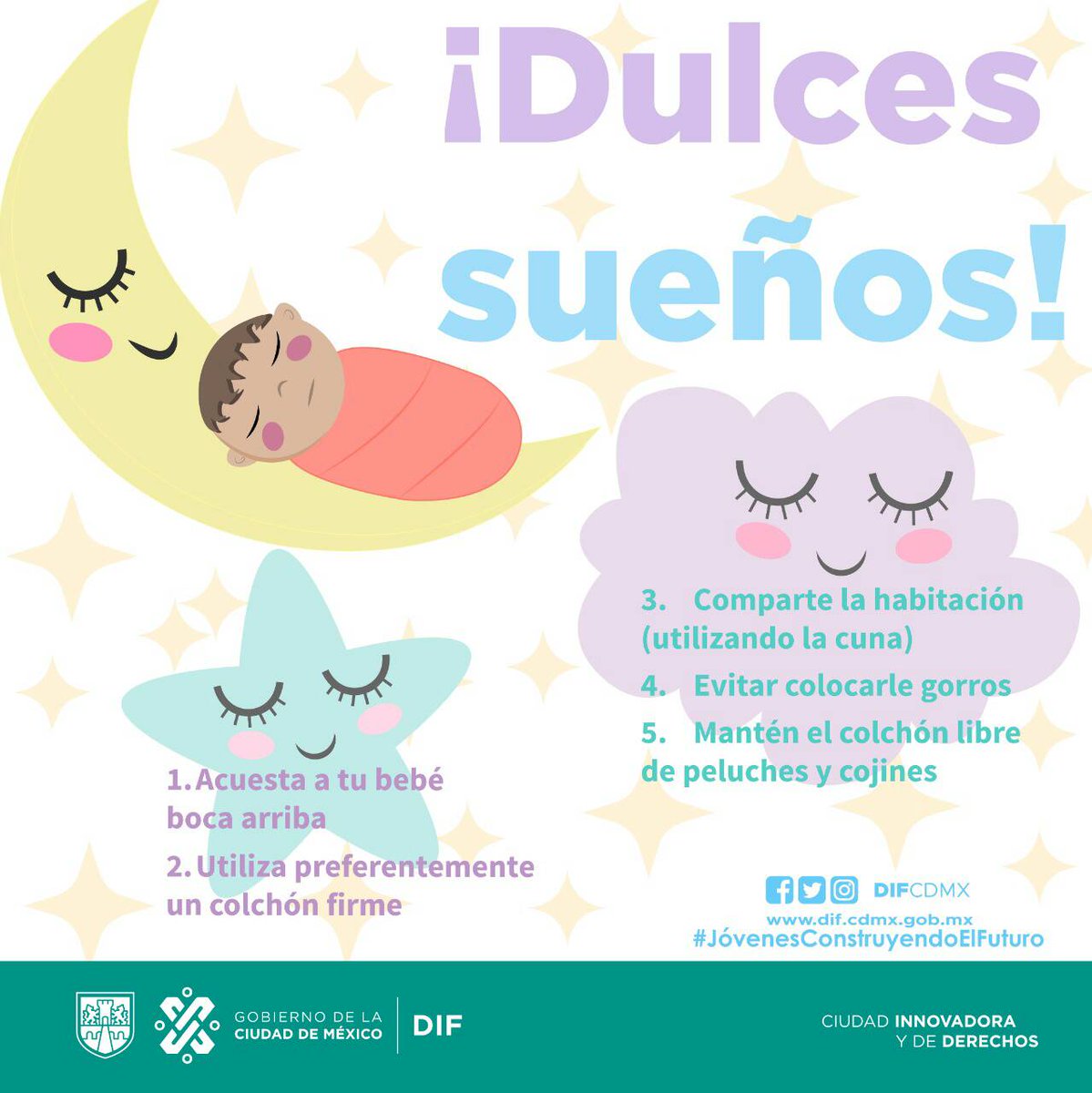 DIFCDMX's tweet photo. La hora de dormir es importante para muestros bebés, te compartimos algunos #DIFTips para que tengan ¡Dulces sueños! https://t.co/t8uuG3ODz2