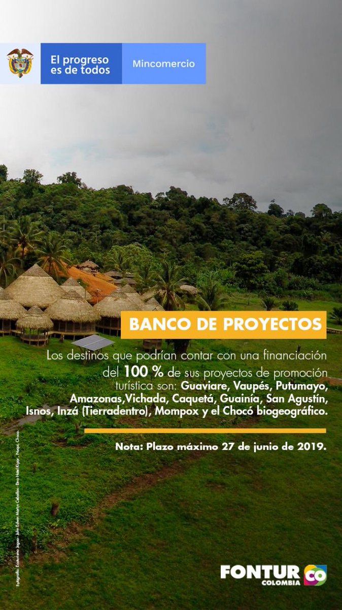FNDCol's tweet photo. #FNDTeCuenta que @fonturcol cuenta con un banco de proyectos para la promoción turística de departamentos y municipios los cuales pueden ser financiados hasta el 100%. Fecha límite de presentación de proyectos, 27 de junio de 2019. https://t.co/ho0WCyNvFL