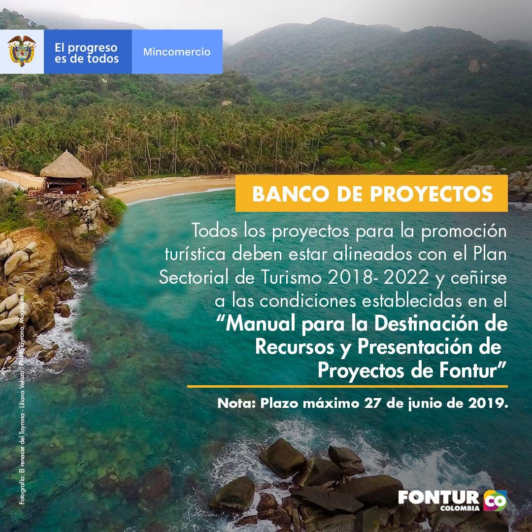 FNDCol's tweet photo. #FNDTeCuenta que @fonturcol cuenta con un banco de proyectos para la promoción turística de departamentos y municipios los cuales pueden ser financiados hasta el 100%. Fecha límite de presentación de proyectos, 27 de junio de 2019. https://t.co/ho0WCyNvFL