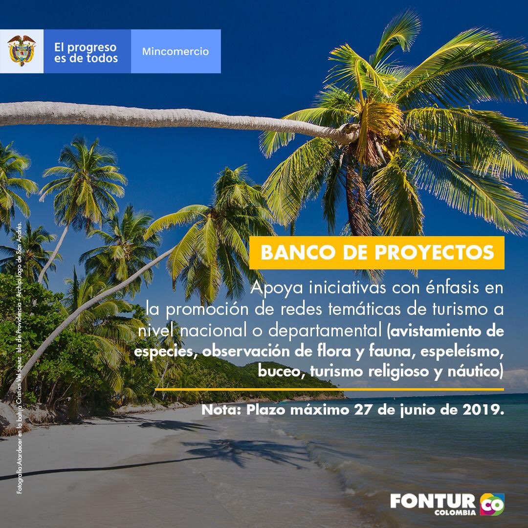 FNDCol's tweet photo. #FNDTeCuenta que @fonturcol cuenta con un banco de proyectos para la promoción turística de departamentos y municipios los cuales pueden ser financiados hasta el 100%. Fecha límite de presentación de proyectos, 27 de junio de 2019. https://t.co/ho0WCyNvFL