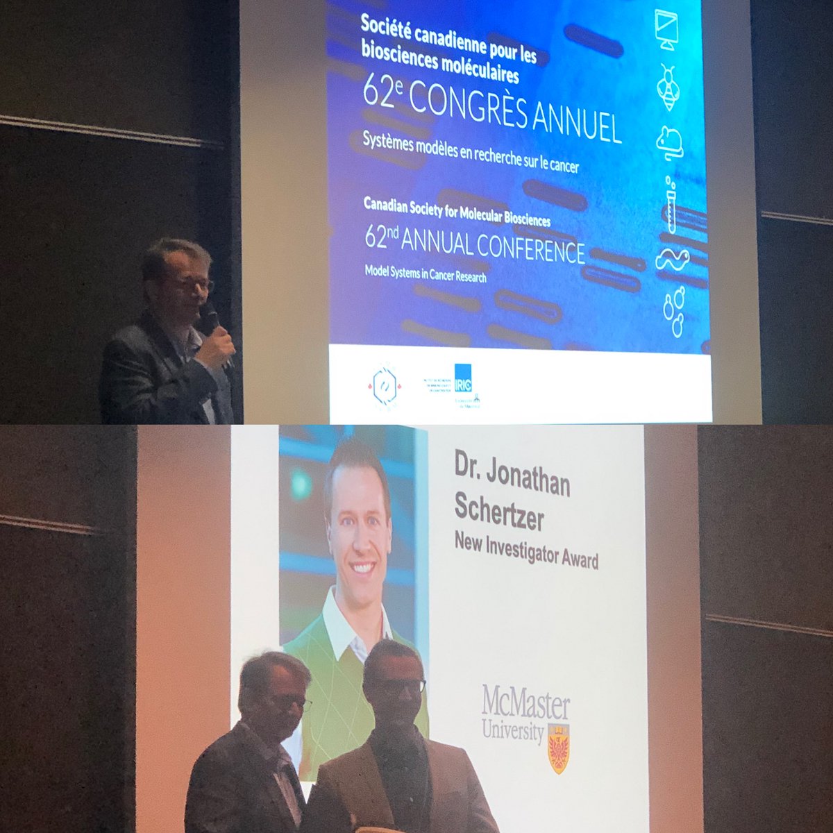 ImogenRCoePhD's tweet photo. Dr Tarik Möröy opens @CSMB_SCBM #CSMB2019 meeting & gives New Investigator Award 🏆 2 Dr Jonathan Schertzer @SchertzerLab who gives former PDF @JoeBMcPhee a shout-out 4 stellar work in his lab! https://t.co/gWgCZ3At40