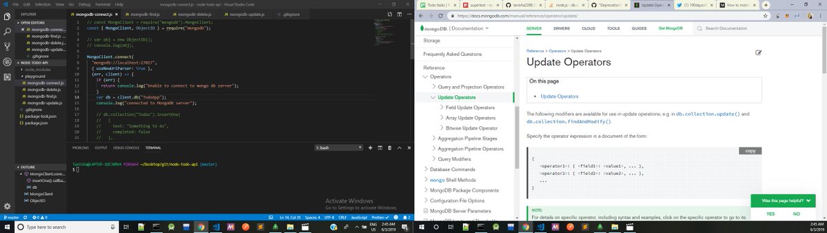 TanishaNegi13's tweet image. Day 1 of #100dDaysOfCode
Learned 1)How to do testing using Mocha(testing framework),expect(assertion library),supertest(module to test Expresss app) 
2)How to connect node app to  MongoDB database running in our local machine,and using mongodb module for CRUD operation