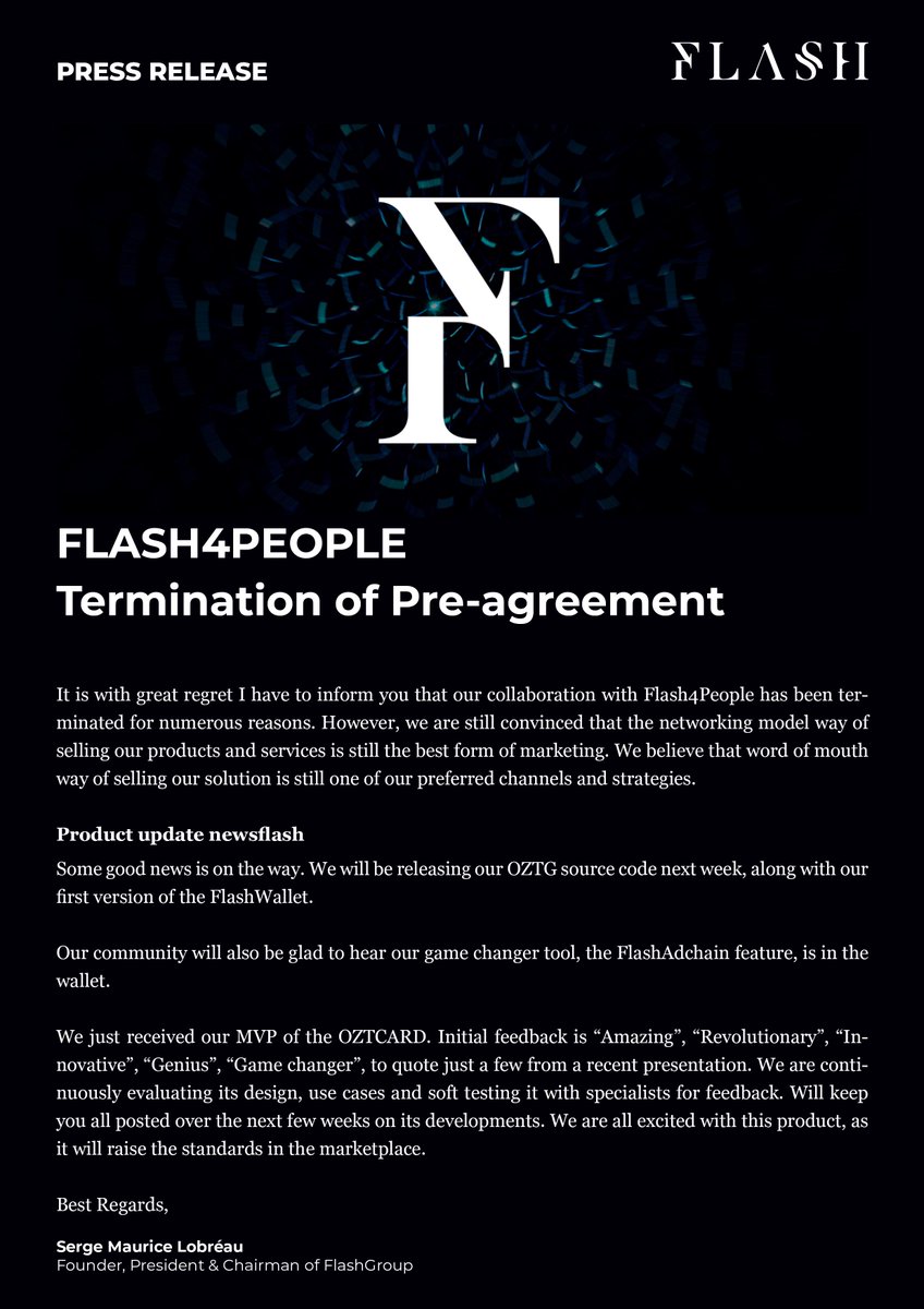 Flashgroup_INC's tweet photo. Flash4People, Termination of Pre-agreement.
#flash4people #OZTG #OZEETY #MLM #flashgroup #flashmoni https://t.co/kzQZN2ul5V